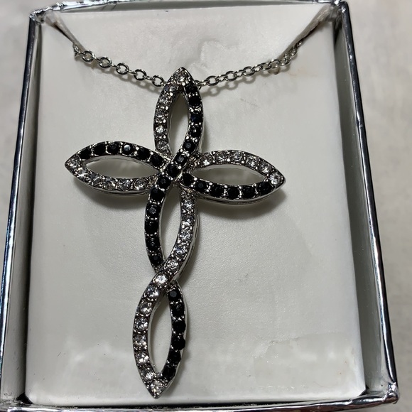 Beautiful silver tone necklace with black and clear stones on cross - Picture 2 of 16